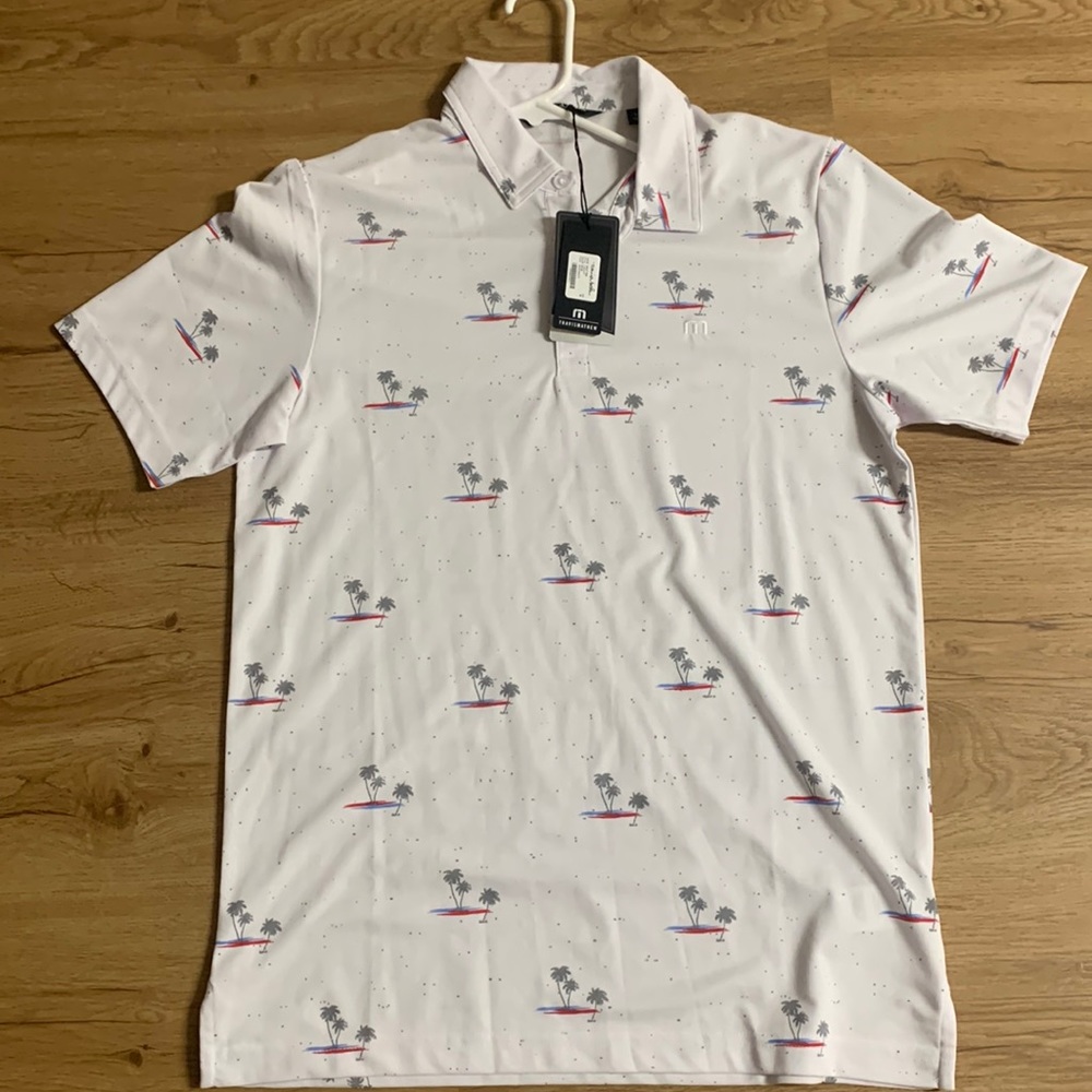 Brand new Travis Mathew red white and blue polo